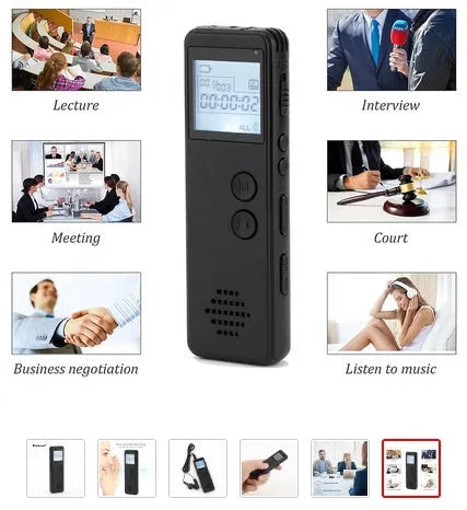Black MP3 digital voice recorder showing display screen, recording button, and USB port.