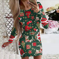 Red Christmas dress with animal print pattern, round neck and long sleeves, shown in a fitted hip skirt style.