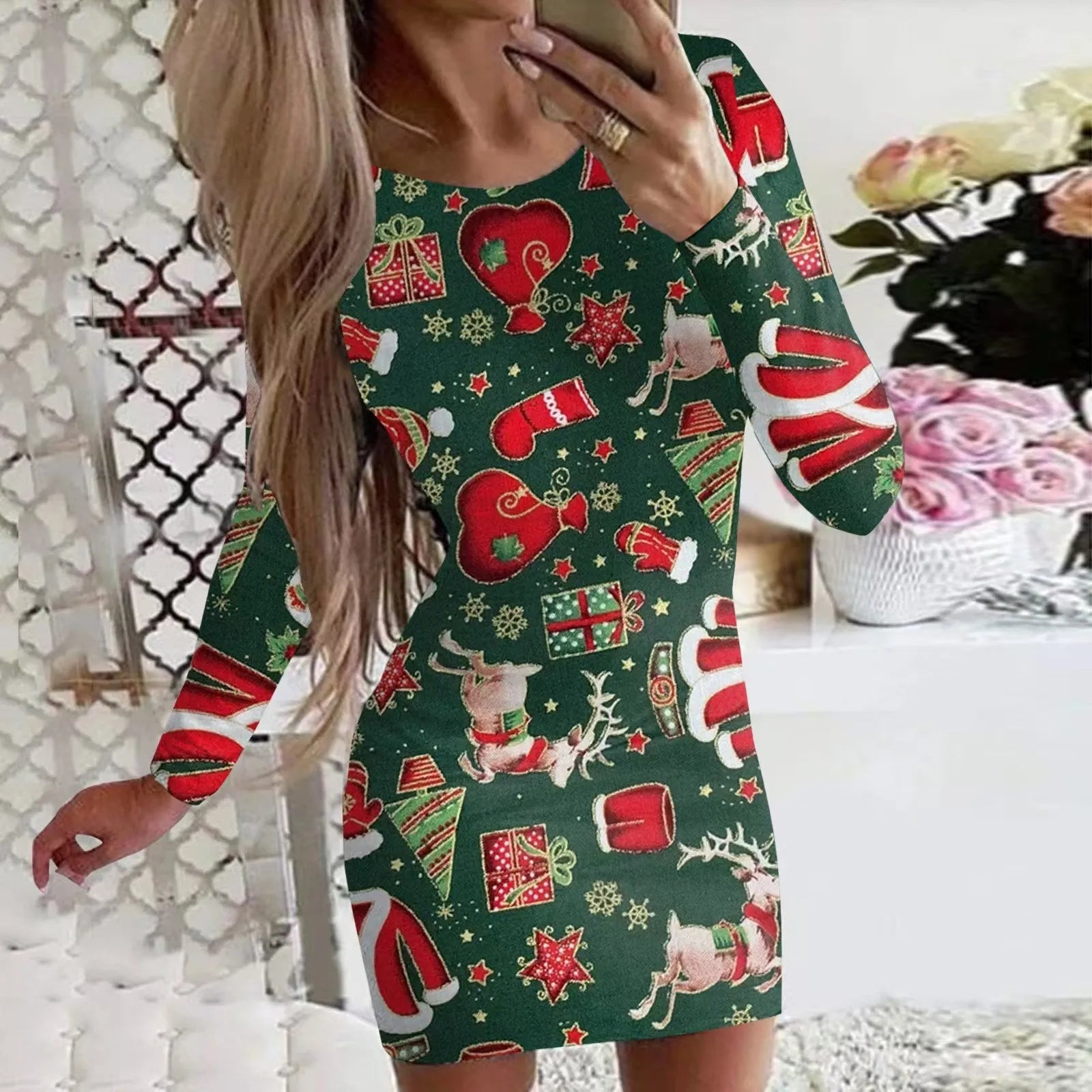 Red Christmas dress with animal print pattern, round neck and long sleeves, shown in a fitted hip skirt style.