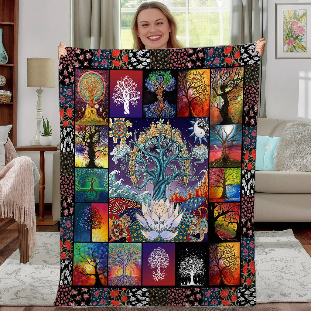 Multicolored flannel blanket with lotus tree print, soft velvet fabric, hemmed edges, available in 75x100cm 130x150cm 150x200cm