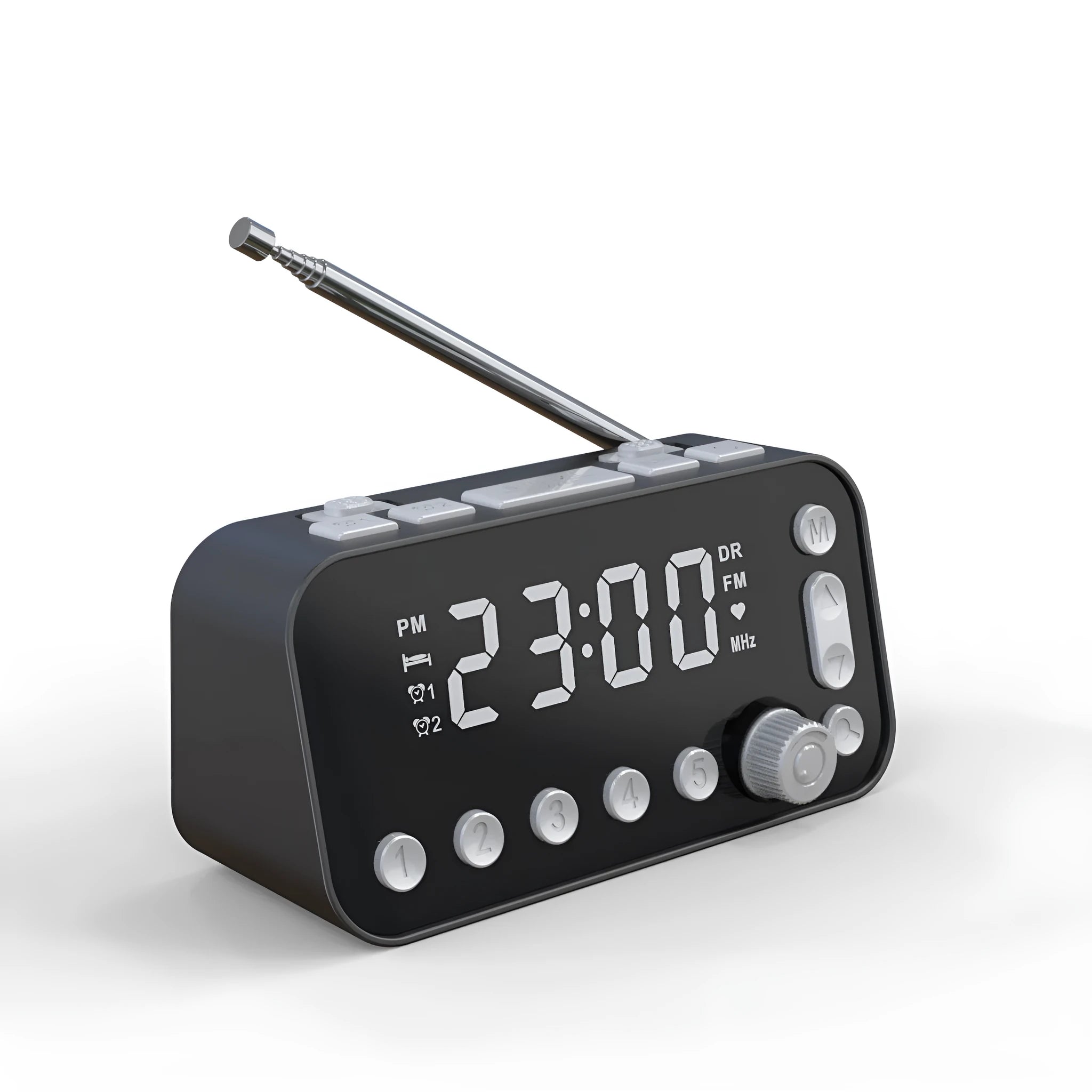 Black DAB bedside alarm clock with large LED display, pigtail antenna, and USB ports on the side.