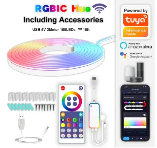 3 metre long flexible RGB LED neon light strip with remote control on a white background.