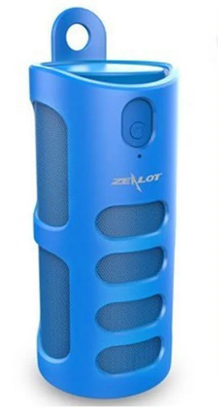 Compact portable Bluetooth speaker in black, blue, or red, showing control buttons for calls and music.