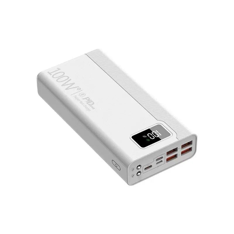 Large capacity black and white power bank with fast charging support showing size scale.