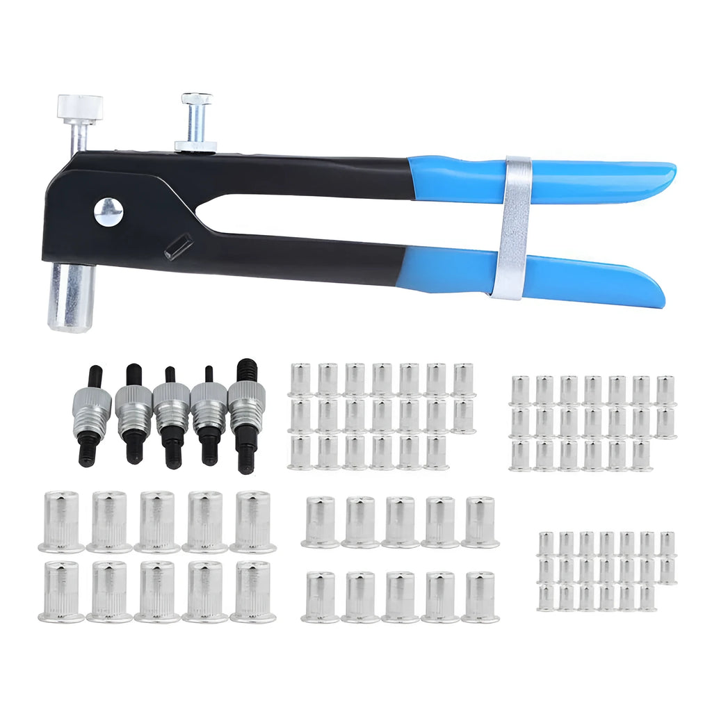 Alloy steel manual riveter nut set with handle, nosepiece, and a case of rivet nuts for the 86PC or 106PC kit.