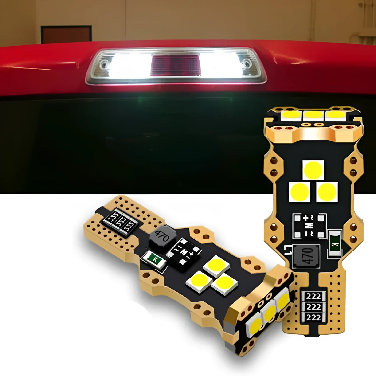 T15 format automotive reverse light with white 6000K illumination and PVC housing