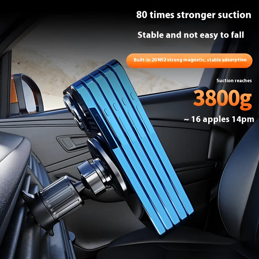 Magnetic car phone holder with suction cup mounted on dashboard air vent showing a smartphone attached