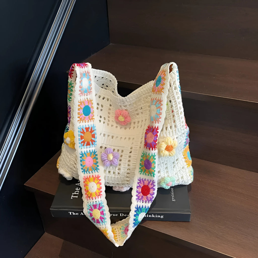 Polyester woven beach shoulder bag with hollow design in milky white colour showing dimensions