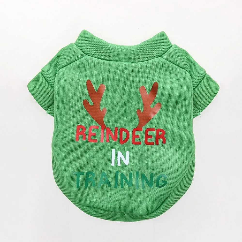 Fleece-lined pet crew neck sweater in red and green Christmas designs, sizes XS to XXL, chest 30-55cm