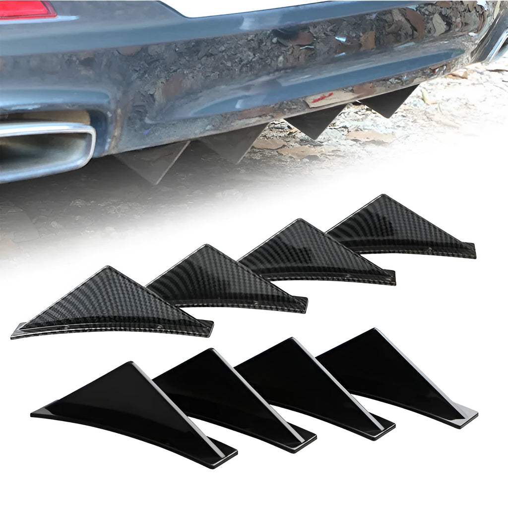 Set of four universal triangle car rear spoilers in ABS plastic, shown in bright black and carbon fibre finishes.