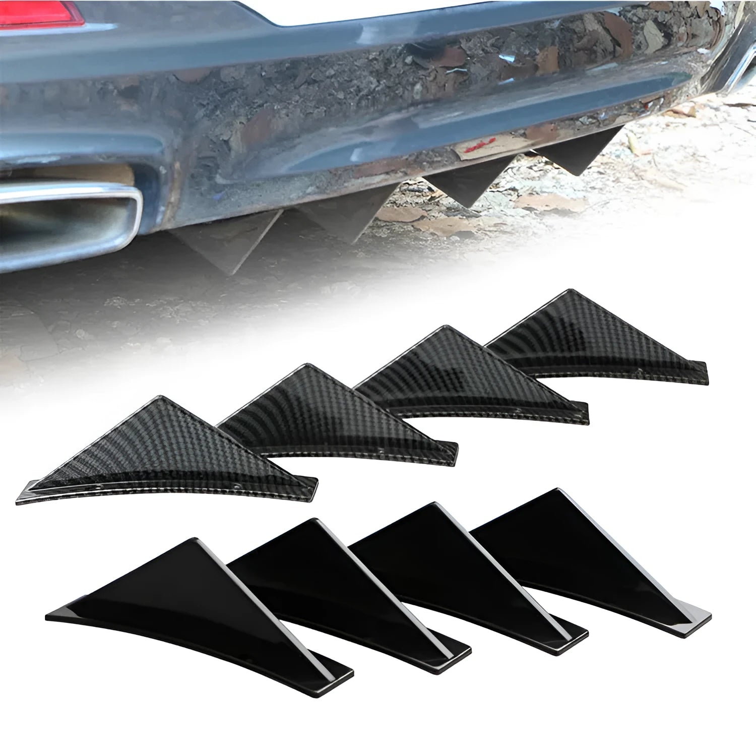 Set of four universal triangle car rear spoilers in ABS plastic, shown in bright black and carbon fibre finishes.