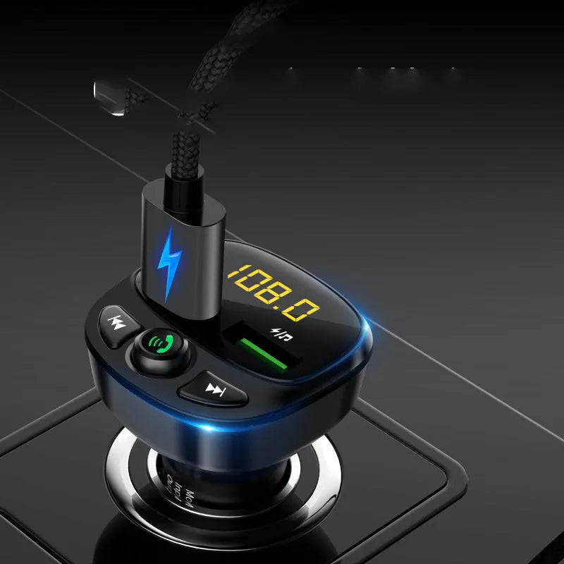 Compact car MP3 player with Bluetooth FM transmitter and Quick Charge 3.0 USB port for hands-free calling and music streaming