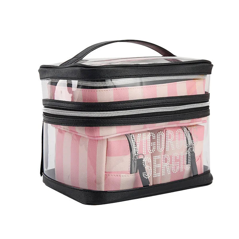 Pink bold stripes floral pattern waterproof synthetic leather makeup bag with retro design