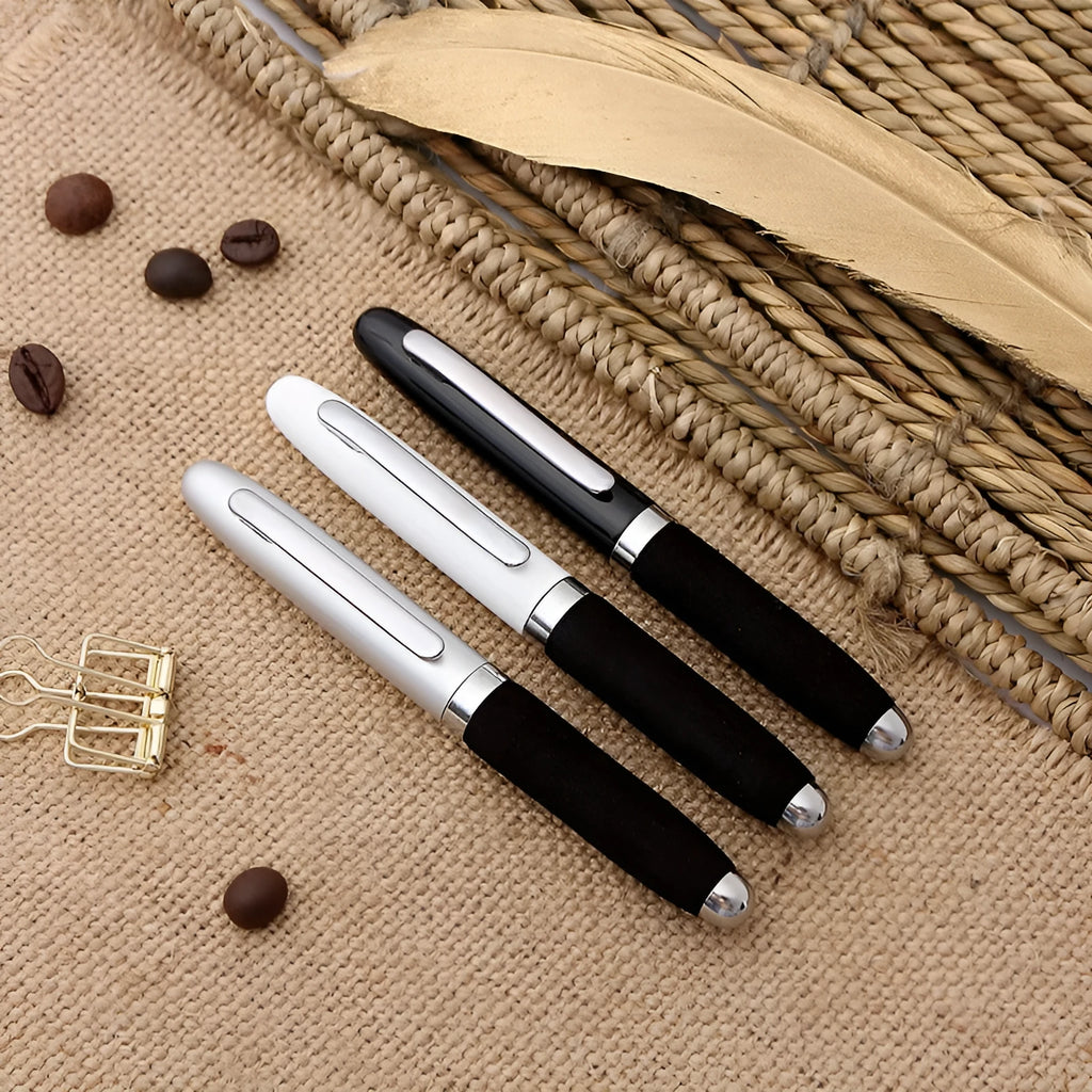 EVA metal cap mini ballpoint pen with 1.0mm tip, shown in silver with bright black refill.
