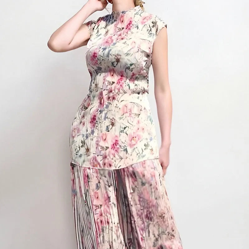 Long sleeve printed chiffon dress set showing separate high-waisted skirt and top.