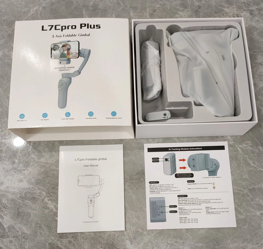 New foldable handheld stabiliser in silver grey for mobile phone with Type-C cable and manual