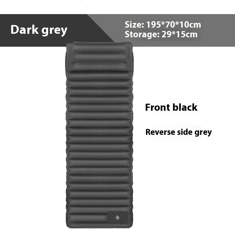 Single inflatable camping mattress in grey or black colour showing 195cm length and 10cm thickness