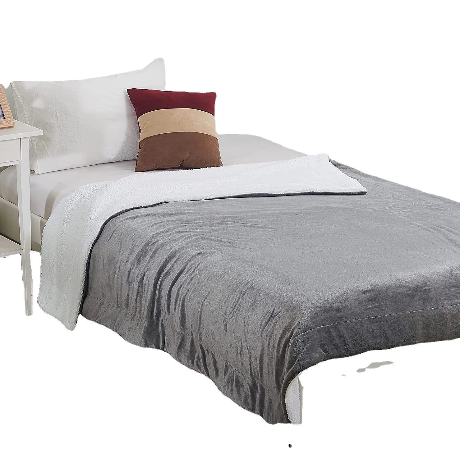 Grey USB electric heating blanket with temperature controls on soft flannel fabric.