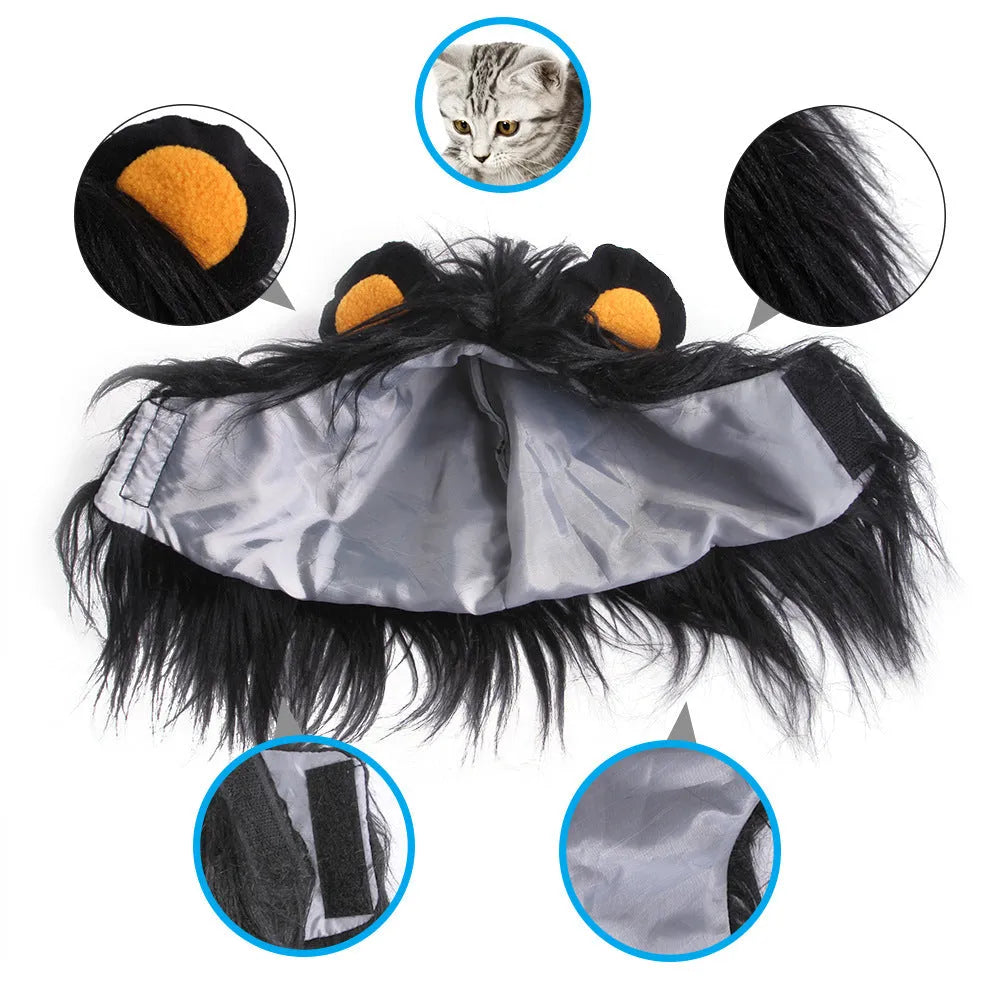 Pet lion headgear wig hat costume on cat with adjustable strap in black colour