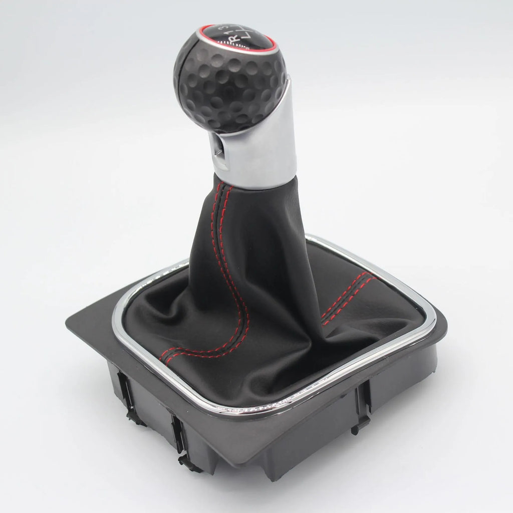 Black leather gear shift knob and dust boot handball for Volkswagen Golf manual transmission.