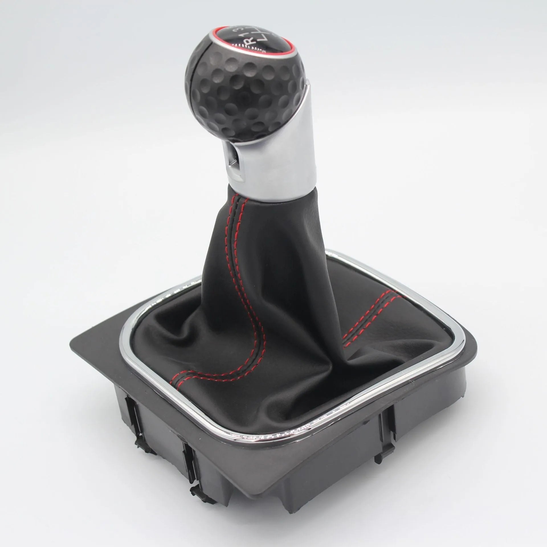 Black leather gear shift knob and dust boot handball for Volkswagen Golf manual transmission.