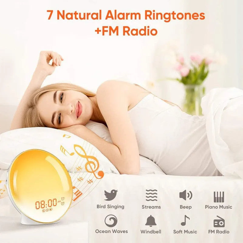 Colourful ambient light bedside lamp with white noise and alarm clock, modern simplicity style, 165 x 70 mm