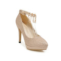 Women's blue platform stiletto heel with pointed toe and special fabric upper.