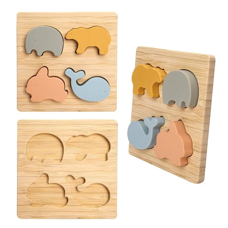 Food grade silicone baby animal puzzle toys three-dimensional building blocks in primary colour
