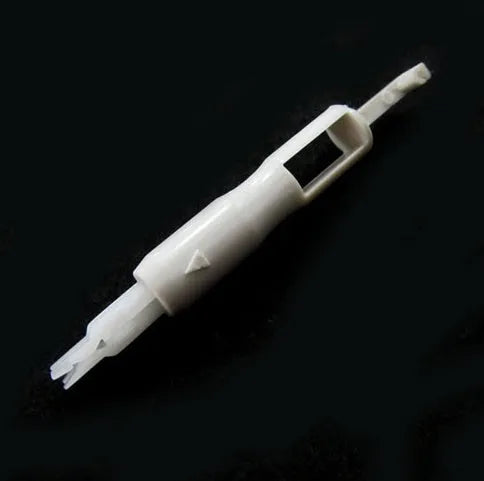 Needle threader insertion tool for sewing machine, plastic and metal, 7.2cm length, shown on white background