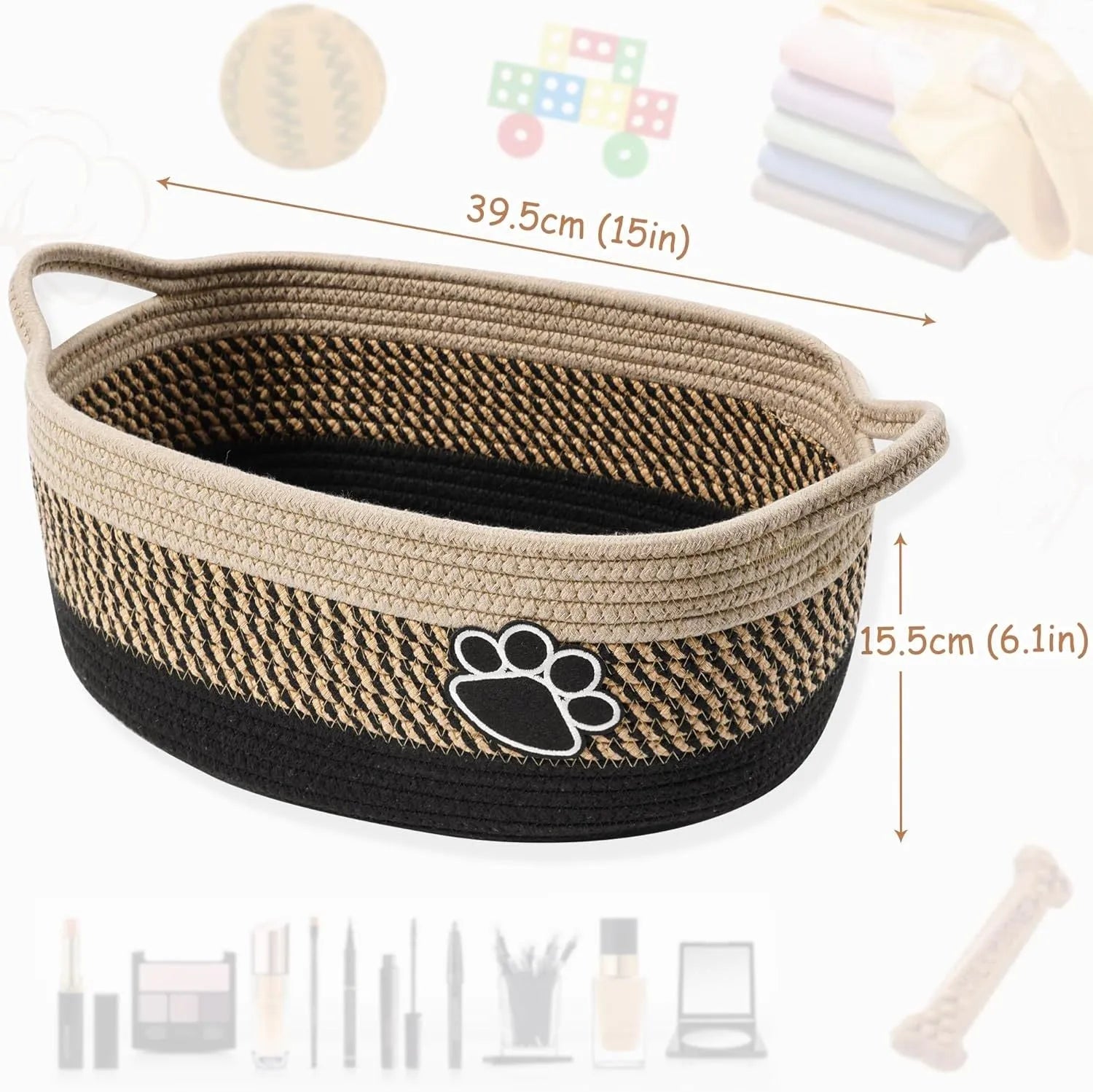 Handmade light beige cotton rope woven storage basket with handle on a wooden surface