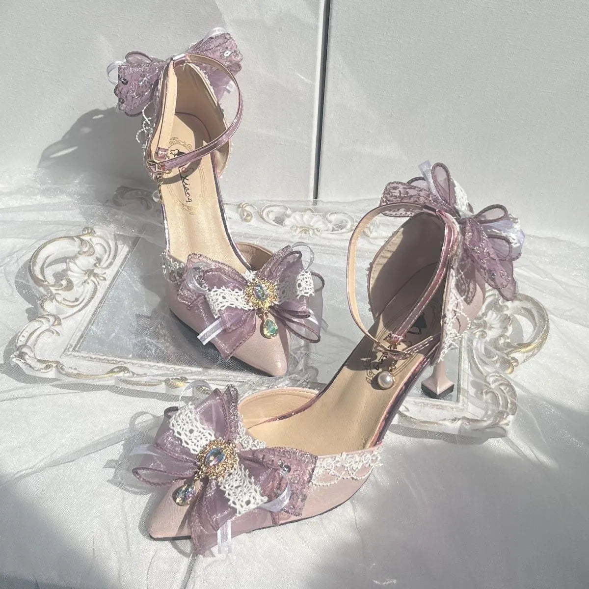 Purple satin women's wedding shoes with square toe and stiletto heel in Lolita style.