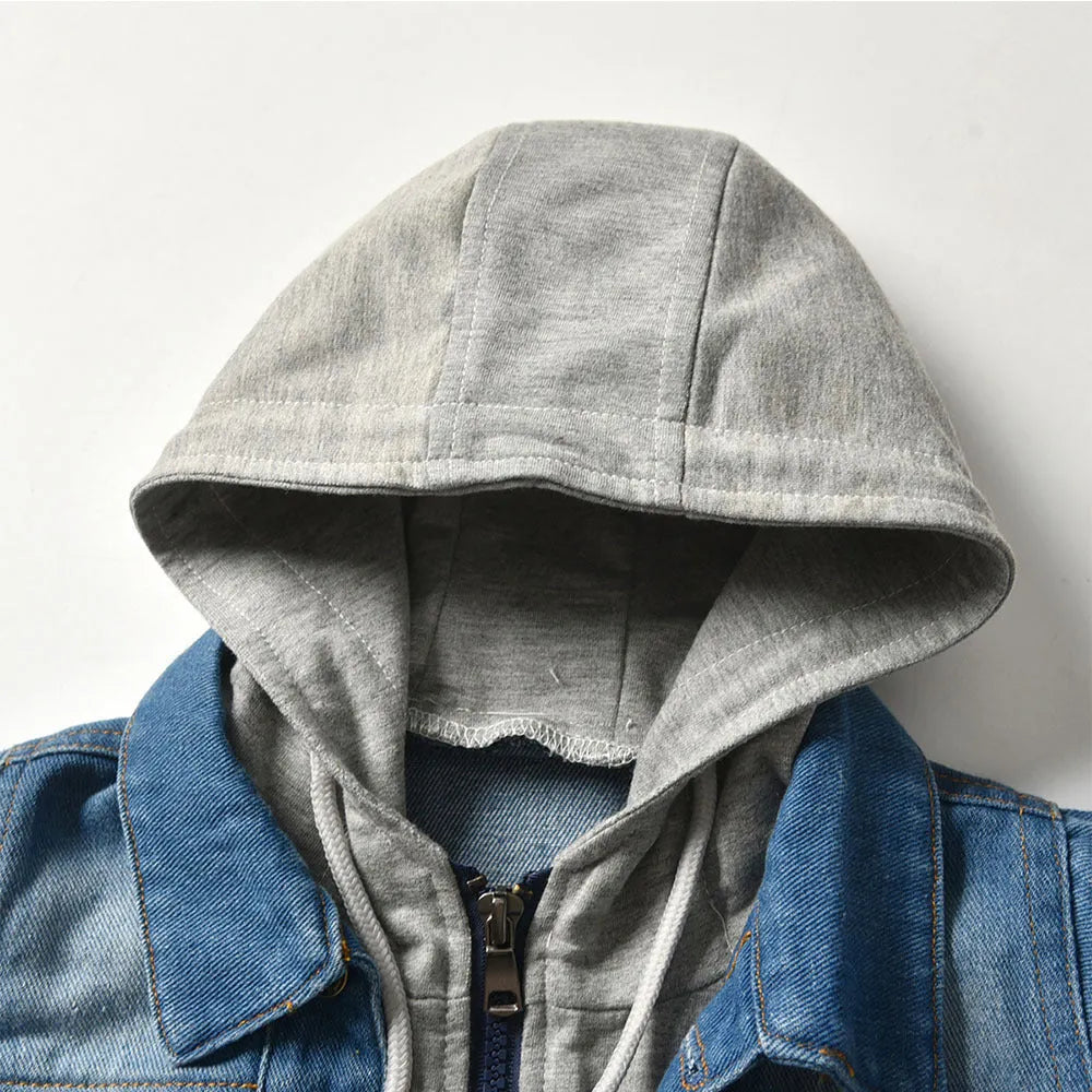 Grey children's hooded denim-style jacket with lapel collar loose fit