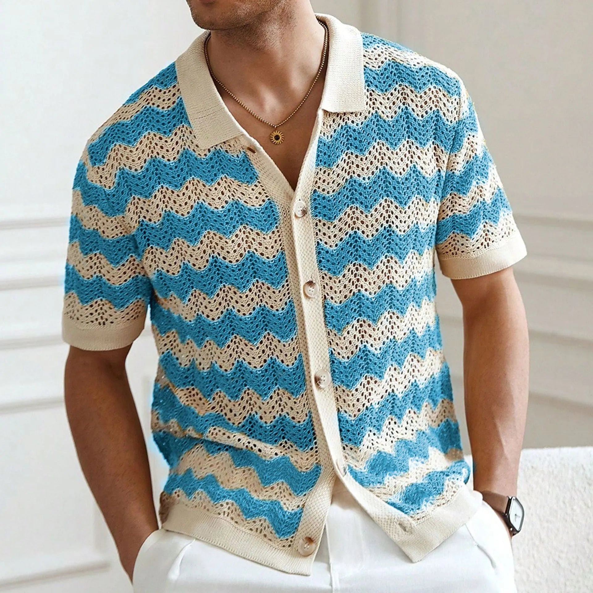 Yellow short sleeve sweater with a textured hollow jacquard corrugated pattern and flocking detail.