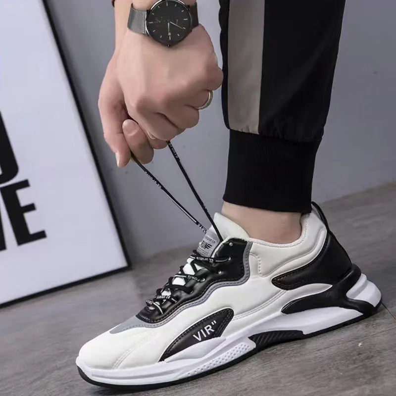 Black white lace-up sneakers for men with synthetic leather upper and mesh lining