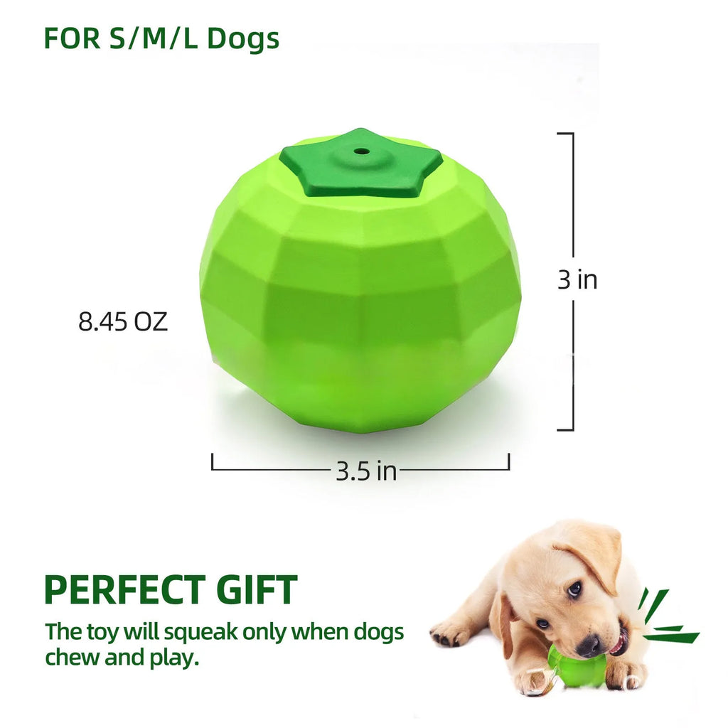 Green natural rubber squeaky ball chew toy for medium and large dogs.