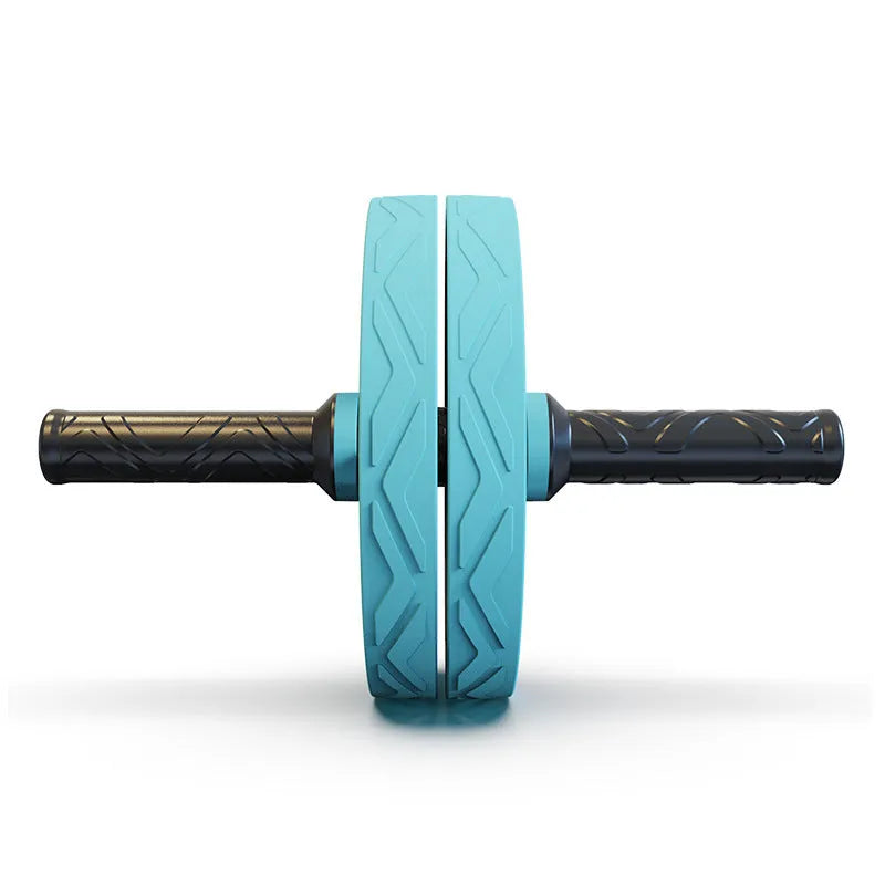 Blue double wheel abdominal roller on floor for core exercises