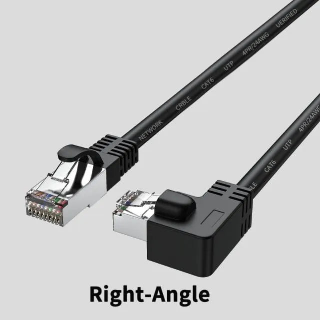 Black Cat6 Ethernet cable with right-angle metal RJ45 connector showing different orientation options