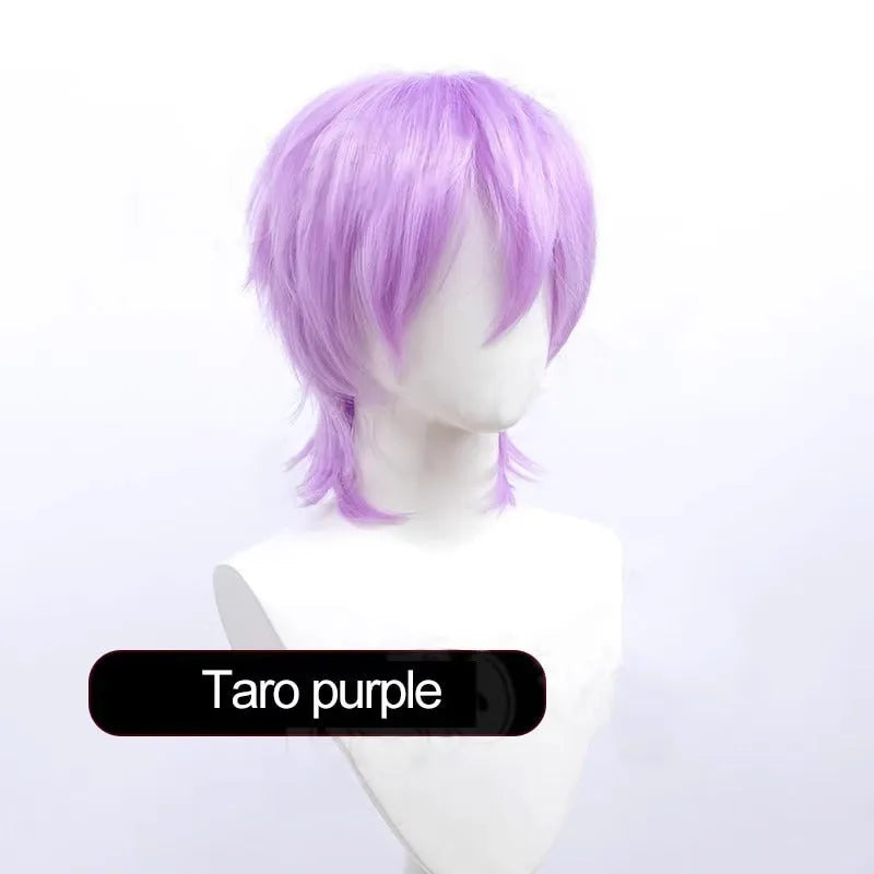 Men's short black anime cosplay wig made from high-temperature synthetic fibre on a stand.