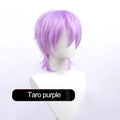 Men's short black anime cosplay wig made from high-temperature synthetic fibre on a stand.