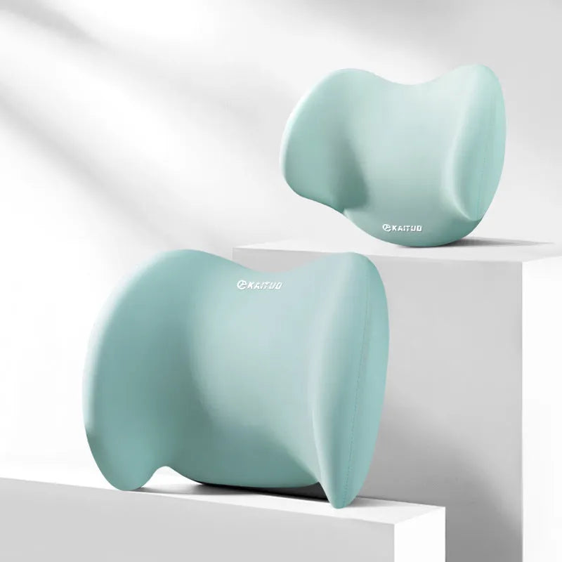Grey geometric pattern car headrest and lumbar support pillow set made with memory foam and cotton.