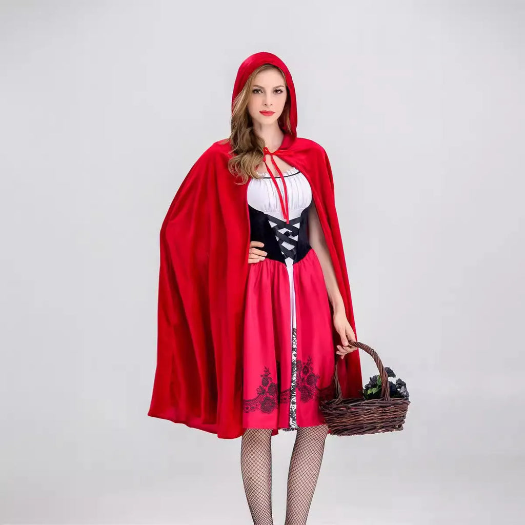 Women's Little Red Riding Hood ball costume set with dress, shawl, and gloves in polyester, available in sizes S to 4XL