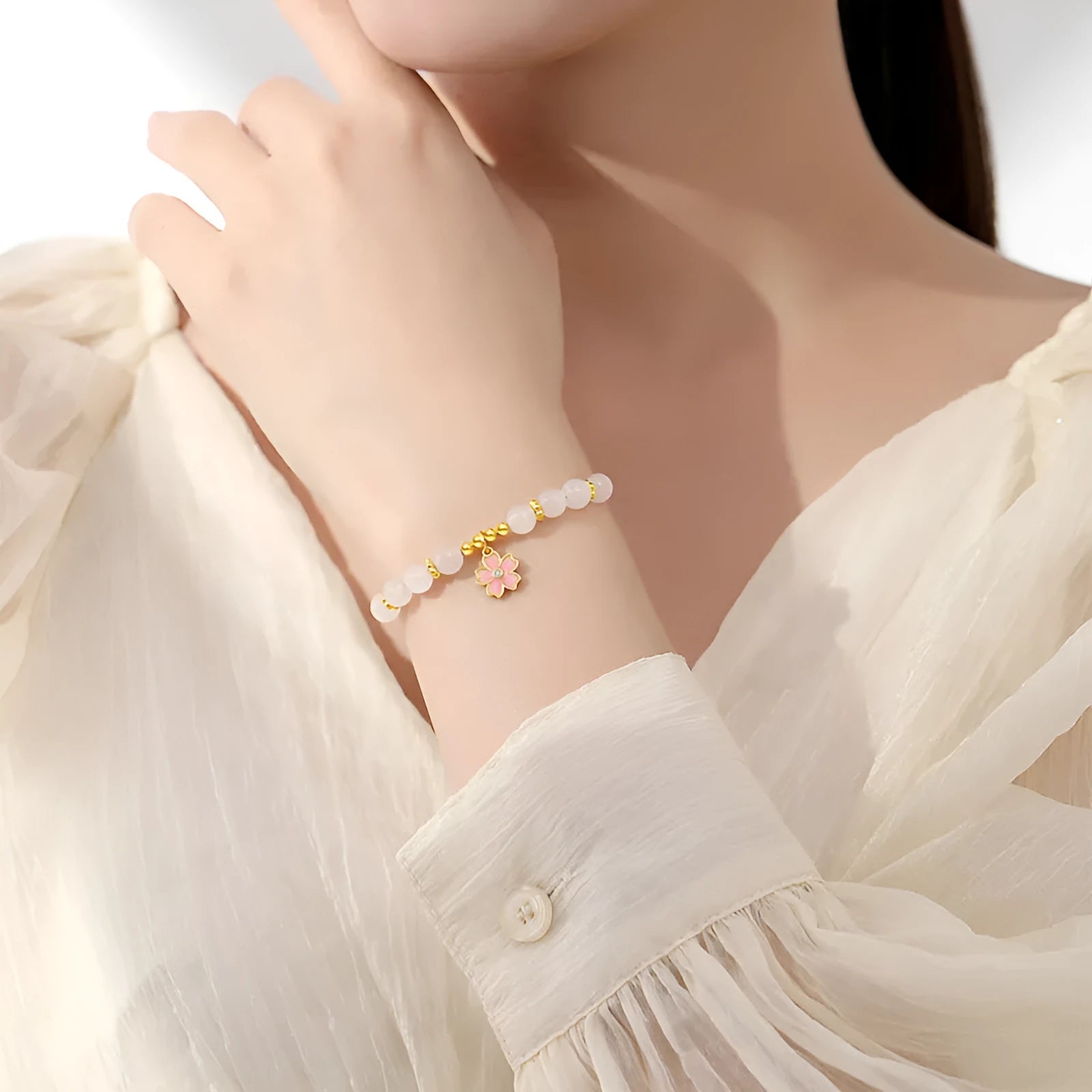 Pink S925 silver bracelet with cherry blossom pendant and Hetian jade beads