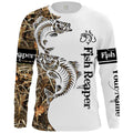 Men's grey long-sleeved pullover with a printed fish design on the chest, showing round neck and casual fit.