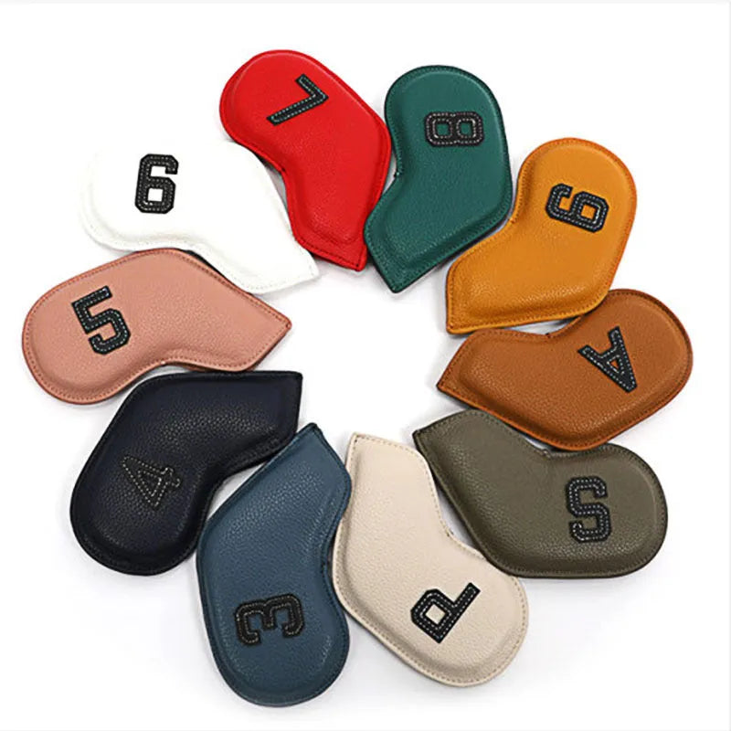 Set of 10 multicolour digitally printed golf club head covers made from PU material.