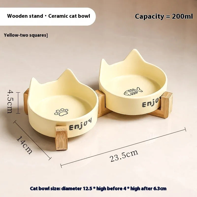 Porcelain cat food and water bowl set with wooden anti-tumble frame in various colours