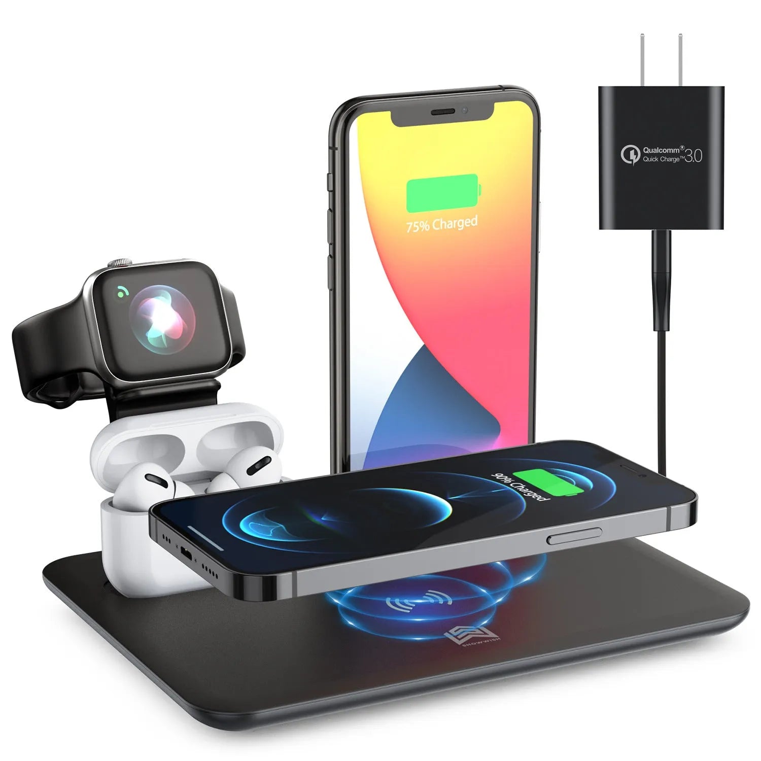 Black desktop wireless charging station with phone on pad, showing watch and headphone charging ports.