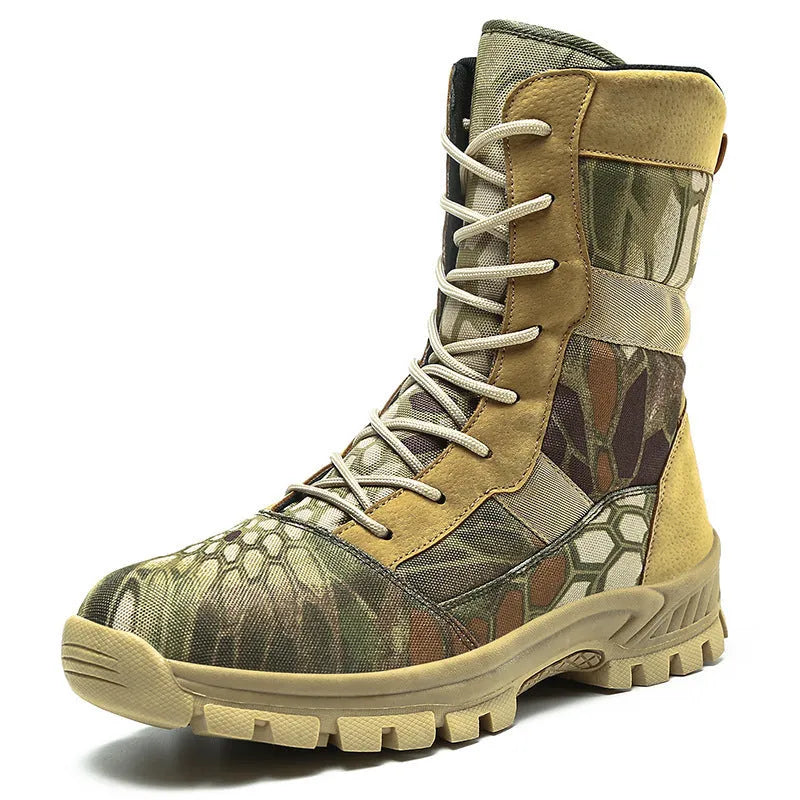 Men's black mesh high-top combat boots with detailed totem pattern on the upper