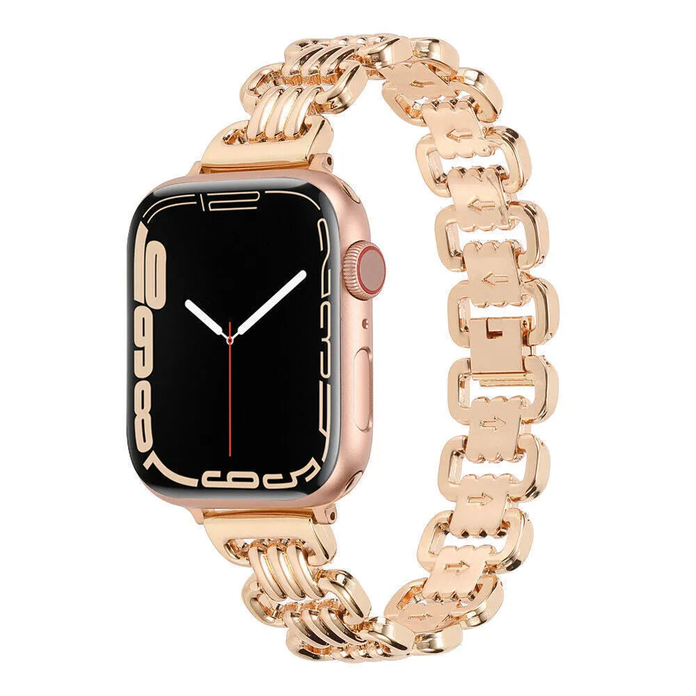 Alloy metal ladies watch bracelet for Apple Watch in various colours on a watch case