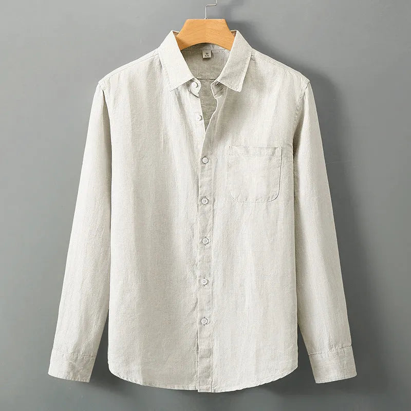 Linen long sleeve loose fit Chinese style cardigan shirt in solid colour
