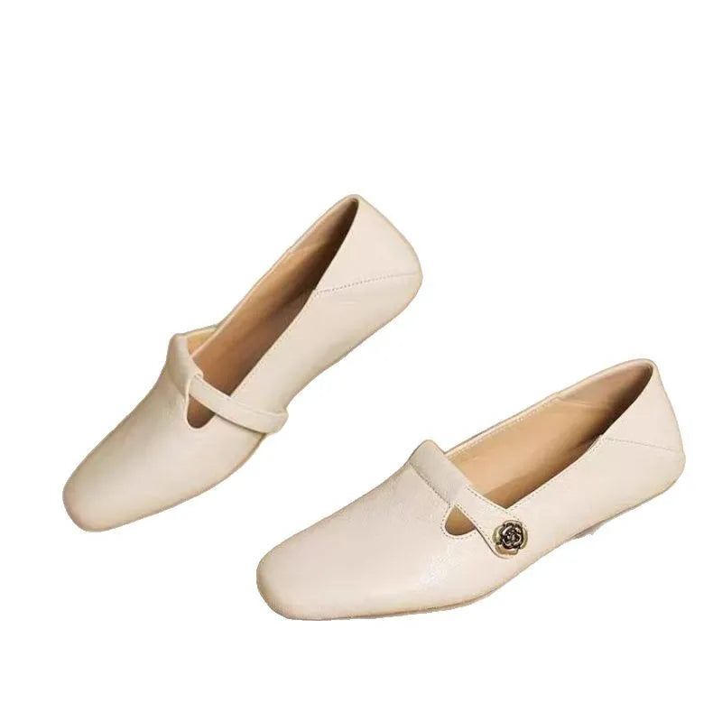 Retro square head genuine leather shallow mouth women shoes with buckle closure, mid heel, beige colour, sizes 35-40